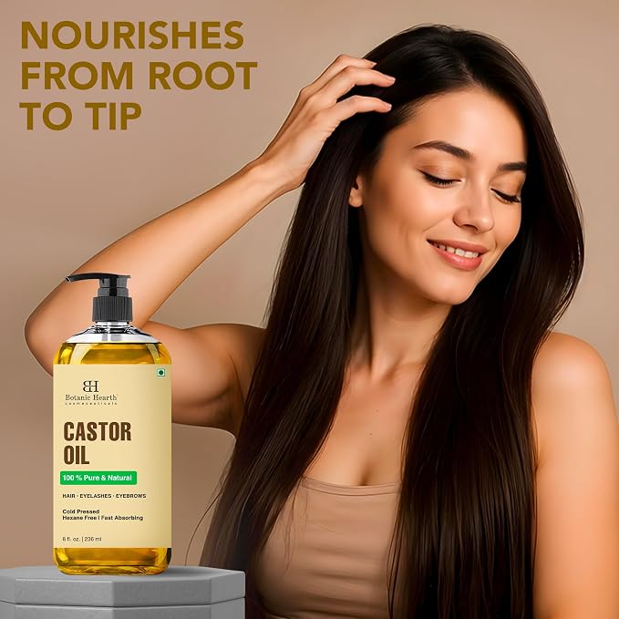 Botanic Hearth Castor Oil 8 Fl Oz| 100% Pure & Natural, Cold Pressed |For Hair, Eyelashes & Eyebrows | Hexane Free, Fast Absorbing | with Massage Roller Ball
