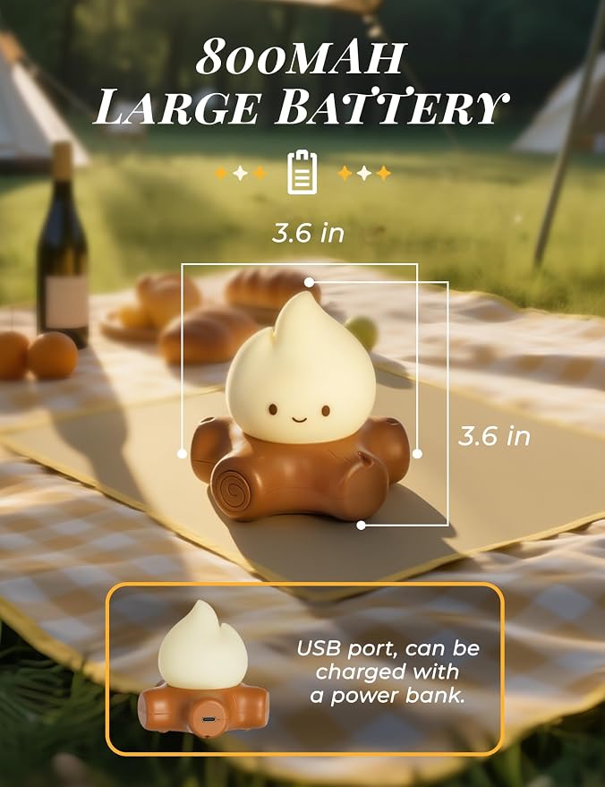 WANIDEA Fake Campfire Lamp, Ambient Lighting, White Noise Soothes The Mood, Portable Rechargeable Night Light, Candlelight Mode Mood Lighting, Bedroom, Desktop, Camping Decor, Cute Gifts