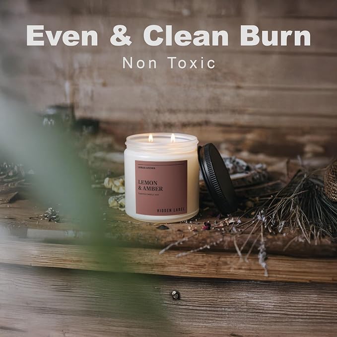 Hidden Label Lemon Amber Soy Candle, 12oz 2-Wick, 70H Bright Warmth | Non-Toxic Natural Wax, Paraben & Phthalate-Free, Clean Burn | Elegant Decor & Gift-Ready | Uplift & Relaxation