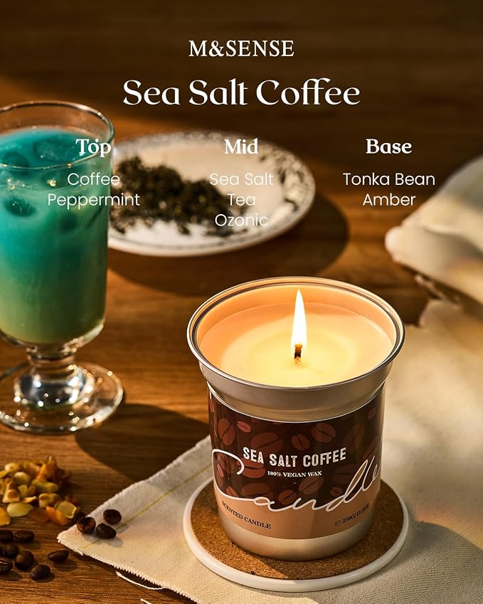 M&SENSE Iced Coffee Candle Summer Sea Salt Scented, Soy Wax 7oz | 42 Hours Long Lasting, Clean Burn, Small Jar, Stress Relief Aromatherapy, Gifts for Women Men