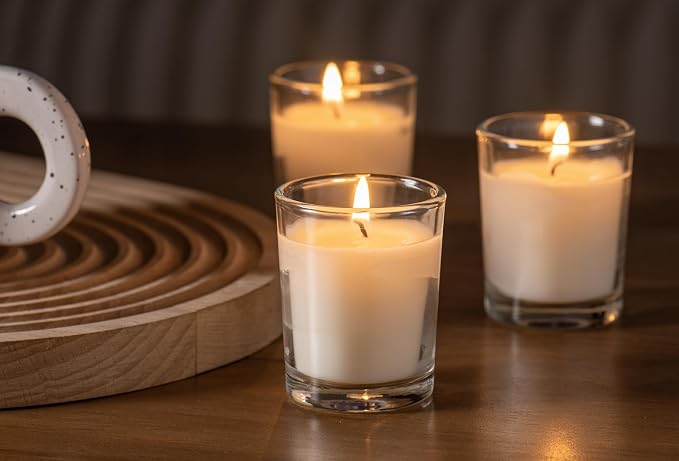 Housecret 48 Pack Warm White Unscented Clear Glass Filled Votive Candles. Hand Poured Wax Candle Ideal Gifts for Aromatherapy Spa Weddings Birthdays Holidays Party