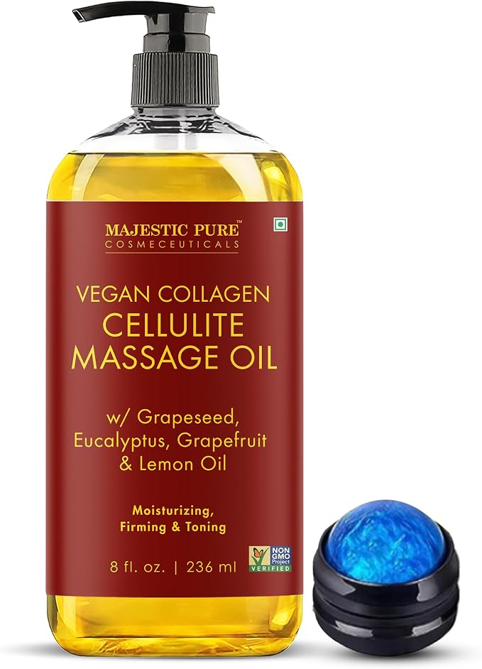 Majestic Pure Cellulite Massage Oil for Massage Therapy- Refreshing and Relaxing- Natural Oils with Grapeseed, Eucalyptus, Grapefruit & Lemon Oil- All Skin Types- Men and Women Massage Lotion- 8 fl oz