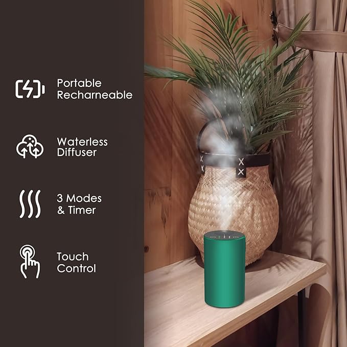 Waterless Essential Oil Diffuser, Battery Powered Mini Scent Air Machine, Aromatherapy Mist Diffuser for Home Room Car Office，Black Aluminum Alloy (Green)