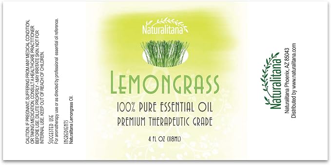 Naturalitana Lemongrass Essential Oil Therapeutic Grade for Aromatherapy, Diffuser, Skin, Hair, Candle, Soap, and Dropper – 4 fl oz