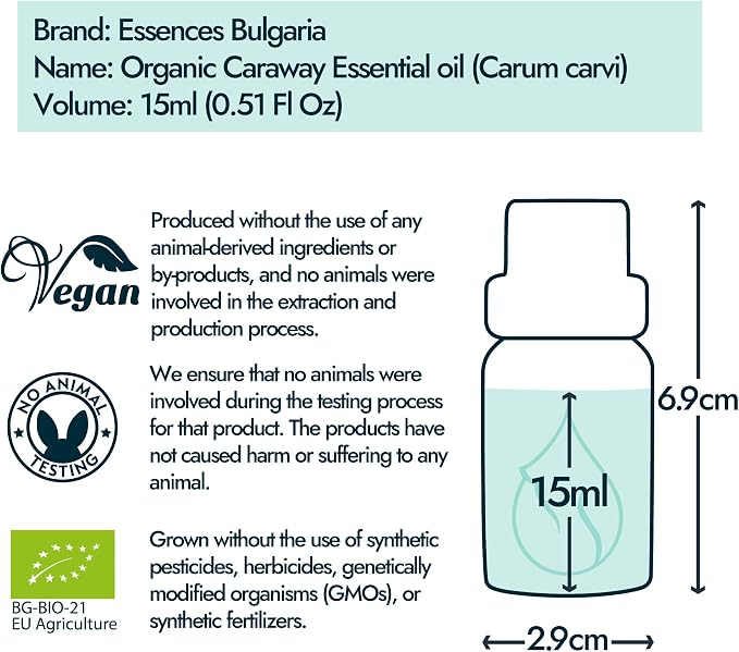 Essences Bulgaria Organic Caraway Essential Oil 0.51 Fl Oz 15ml Carum carvi 100% Pure and Natural Undiluted Therapeutic Grade Aromatherapy Diffuser Oil Muscle Relaxing Massage Oil Candle Making