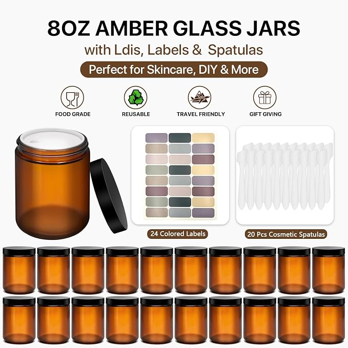 20 Pack Amber Glass Jars with Black Lids, 8 oz Empty Cosmetic Jars with 20 Spatulas & 24 Colorful Labels, 8oz/240ml Large Refillable Glass Cream Jars for Skincare, Lotion, Candles, DIY & Travel Kit
