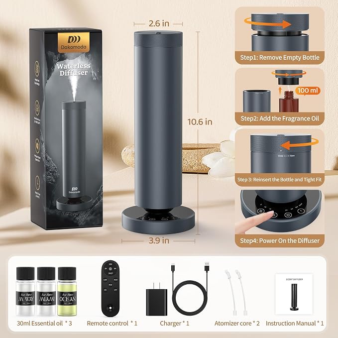 Waterless Diffuser with 108ML Essential Oils, Covers 1000 Sq Ft, Diffusers for Home Hotel, Adjustable Mist & Timer, Scent Diffuser Starter Kit with Night Light, Corded Electric,Grey