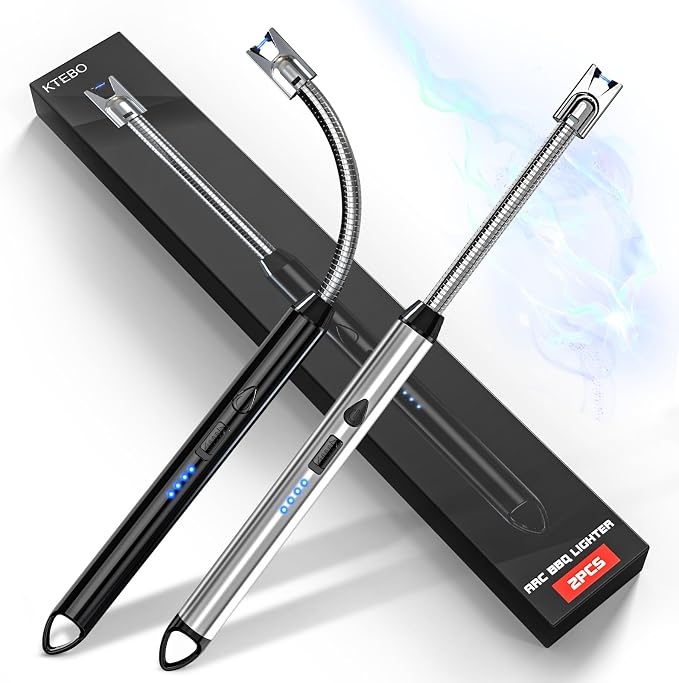 KTEBO 2 Pack Electric Candle Lighter, Windproof Plasma Arc Rechargeable | USB-C Flameless Plasma Lighter, 360-Degree Flexible Long Gooseneck, LED Battery and Safety Lock for Candles, Grill, Camping