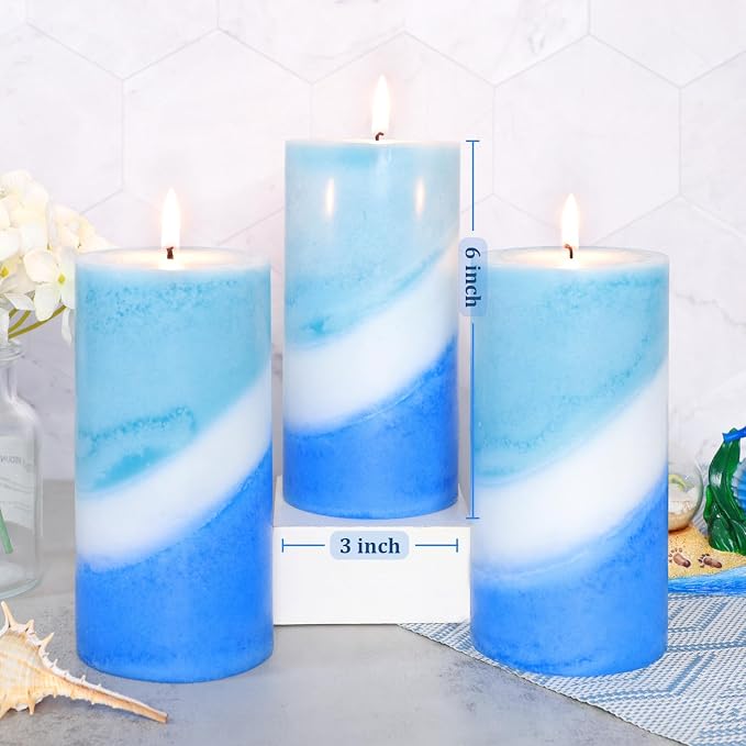 Crystal Club Ocean Scented Pillar Candle Set of 3, 70+ Hour Burning Time, 3X6 Inch Blue and White Candles, Ocean Breeze Scented Candles for Home Beach Decor