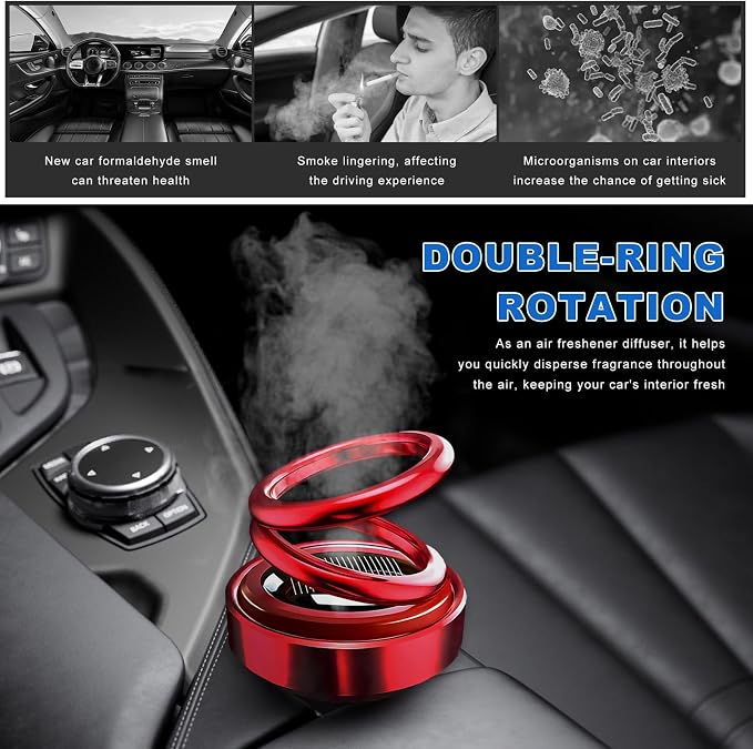 Solar Rotating Car Air Freshener, Solar Energy Refillable Car Dashboard Aromatherapy Ornament, Double Ring Fragrance Diffuser Decorative Accessories for Vehicle Home Office (Red)