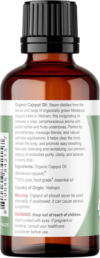 Viva Doria Cajeput Essential Oil, USDA Certified Organic Cajeput Oil, 100% Pure, Natural Essential Oil, Undiluted, for Aromatherapy | Food Grade, 30 mL (1 Fluid Ounce)