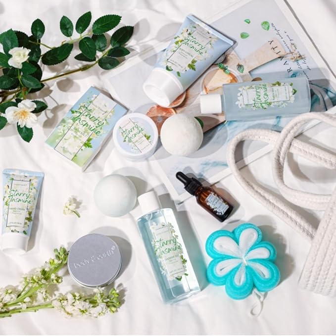 Body & Earth Gift Baskets for Women 11PCS Jasmine Spa Gift Sets for Her, Self Care Kit with Bubble Bath, Shower Gel, Lotion Set, Mothers Day Gifts for Mom