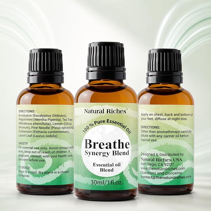 Natural Riches Breathe Essential Oil Blend Breathe Easy with Peppermint Eucalyptus Tea Tree Lemon Cardamom Pine Needle Essential Oils - 30 ml