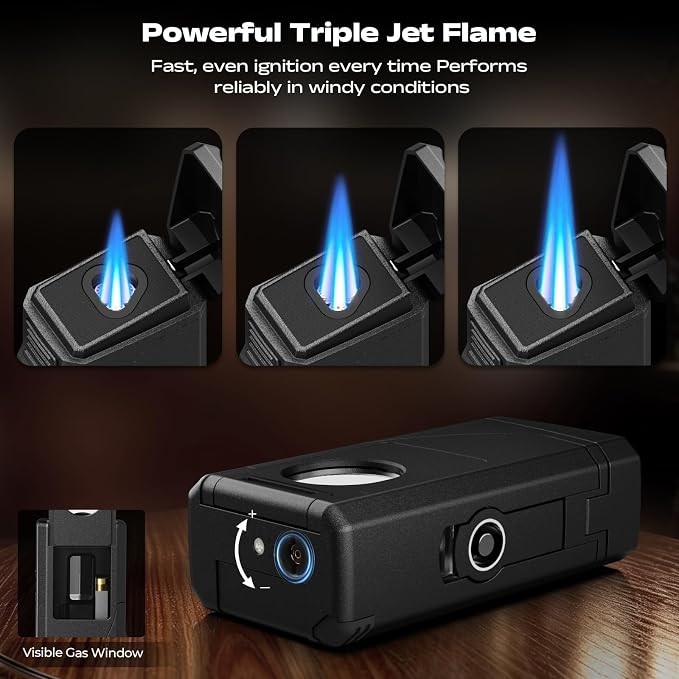 6-in-1 Windproof Triple Jet Flame Butane Torch Lighter with V-Shape Shear,Punch and Hold, Adjustable Refillable Lighter with Draw Enhancer Tool for Candle, BBQ, Camping and Outdoor, Travel Use