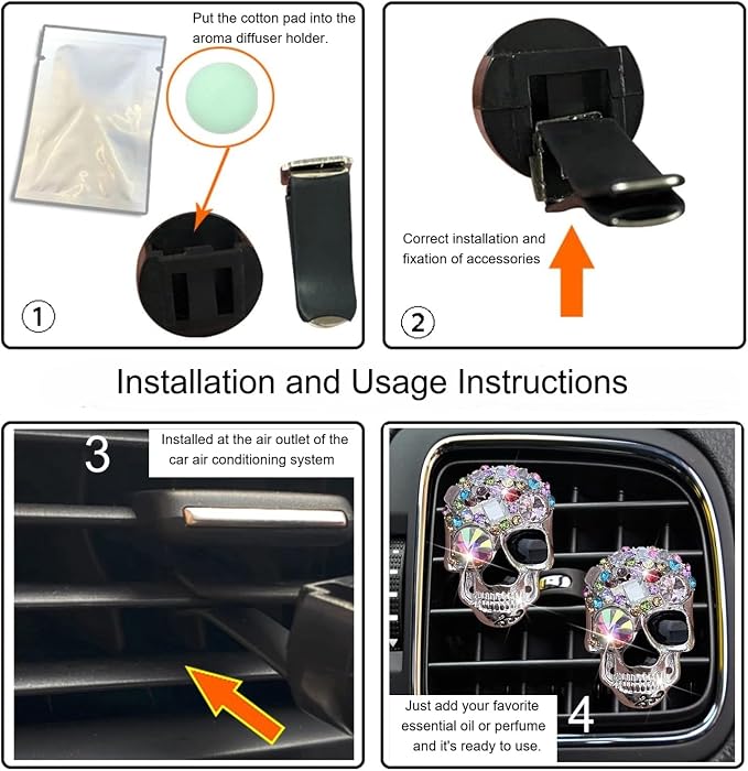 Gothic Skull Car Air Freshener Vent Clips with 2 Pads, Halloween Scented Car Accessories for Men Women, Automotive Interior Decor and Cool Car Fresheners for Men， Spooky Gift Idea-A7