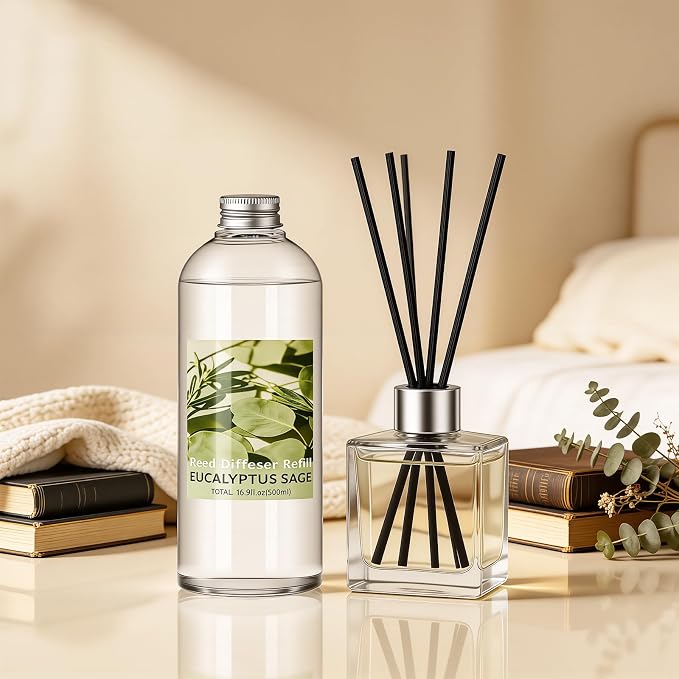 STRN Reed Diffuser Refill, Eucalyptus and Sage Scent Diffuser 500ml | 16.9 oz with 6 Reed Sticks, Room Fresheners for Home, Long-Lasting Summer Fragrance for Living Room, Bedroom, Office