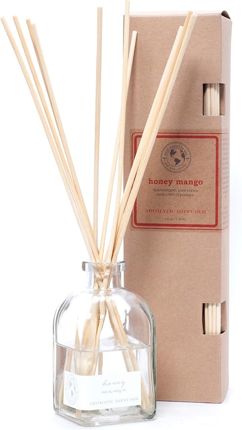 ECO CANDLE CO. Reed Diffuser Set, Honey Mango, 4 oz. - Scents of Mango, Honey, & Papaya - Premium Phthalate Free Fragrance and Essential Oil Blends, Clear Glass, 12 Reed Sticks, Recycled Kraft Box