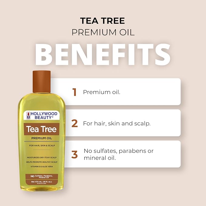 Hollywood Beauty Tea Tree Oil for Hair, Scalp, and Skin, 16 fl oz - Moisturizes Dry, Itchy Scalp, Fungus Fighter, Blended with Vitamin E & Aloe