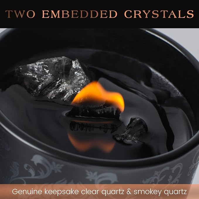 Black Orchid & Pine Moss Scented Crystal Candle - Luxury Manifestation Candle with Smoky Quartz and Clear Quartz Crystals - 7.4oz Natural Soy, Coconut & Beeswax, Wood Wick