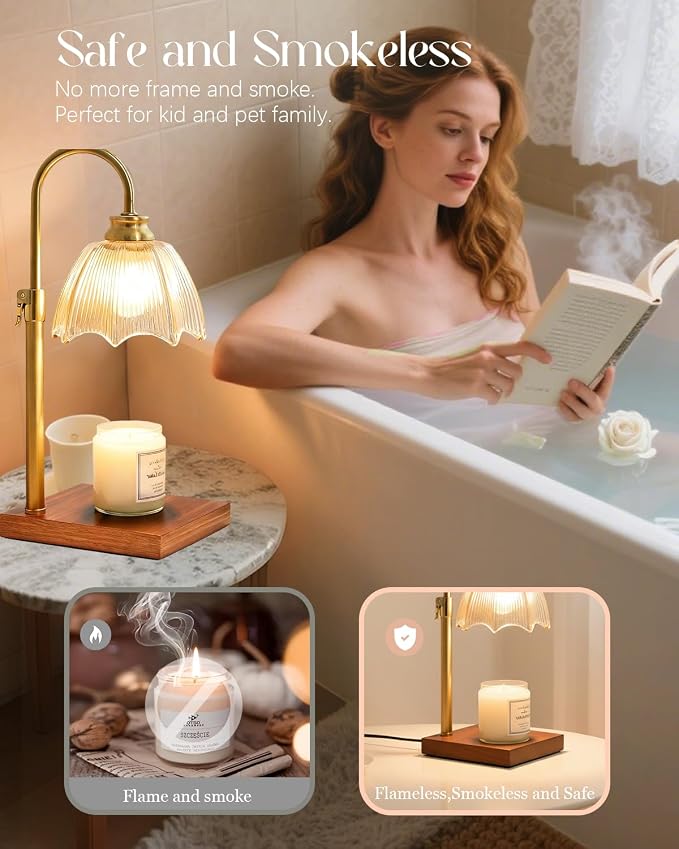Farmhouse Candle Warmer Lamp with Timer Dimmable Adjustable Gold, Vintage Glass Wax Heated Lamp Wood Base for Large Jar Candles, Gifts for Mothers Day House Warming New Home Office Decor (Amber)