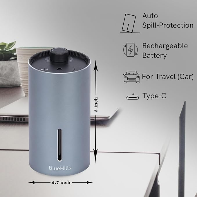 BlueHills Waterless Essential Oil Diffuser, Cordless USB Rechargeable Aromatherapy Diffuser for Home Car Office Hotel Travel – J07 Silver Gray