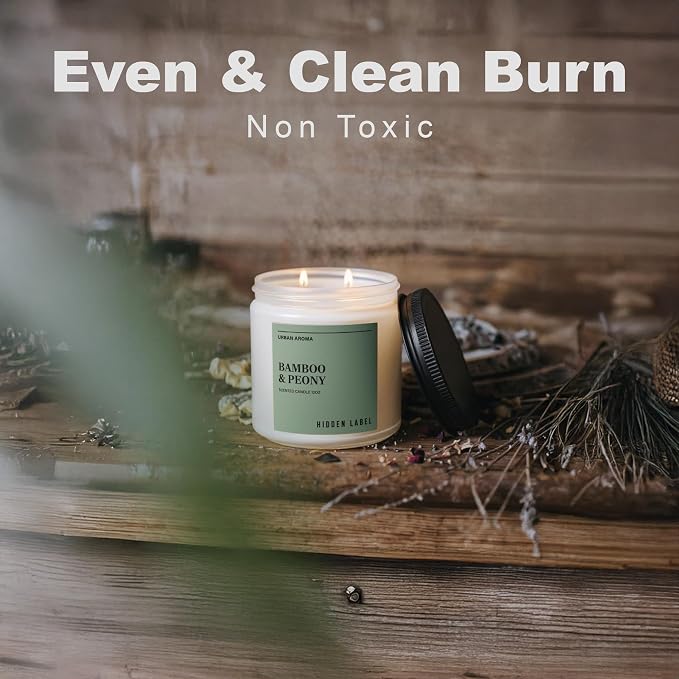 Hidden Label Bamboo & Peony Soy Candle, 12oz 2-Wick, 70H Burn | Japandi Décor Frosted Glass, Clean Aromatherapy for Focus & Calm, Stress Relief, Gift-Ready with FSC Packaging