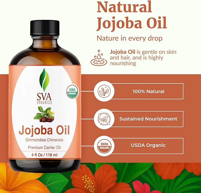 SVA Jojoba Seed Oil Organic - 4 Fl Oz – 100% Natural Cold Pressed Organic Jojoba Oil - for Face, Skin Care, Hair Care, Scalp Massage & Body Massage – Carrier Oil with Dropper