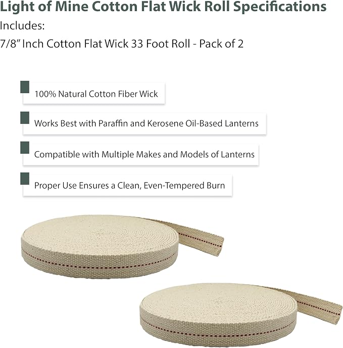 Light of Mine - 7/8" Inch 33' Foot, 100% Cotton Flat Wick - 2 Pack for Paraffin Oil, Kerosene Based Lanterns, and Oil Lamps with Genuine Red Stitch (7/8" - 33' Roll, 2pk)