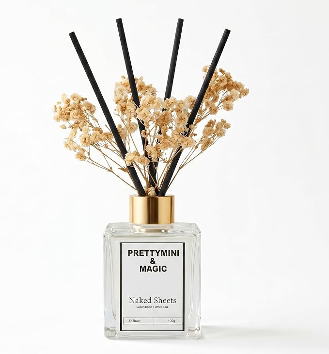 PRETTYMINI & MAGIC Reed Diffuser Set – Beach Linen + White Tea Home Fragrance, Long-Lasting Reed Diffusers for Home Fragrance with Sticks for Bedroom, Bathroom & Shelf Décor – 100g