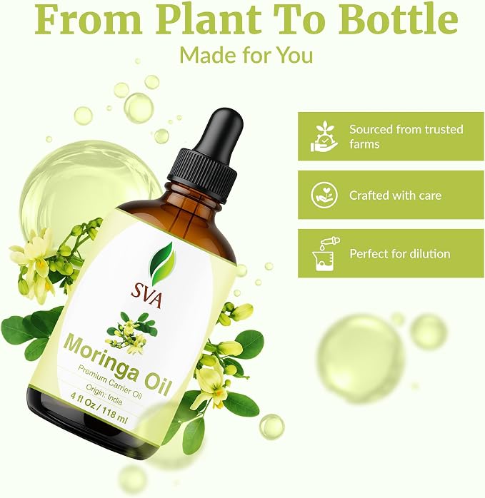 SVA Moringa Seed Oil 4 Fl Oz - for Face, Skin Care, Hair Care, Scalp Massage & Body Massage – Carrier Oil with Dropper