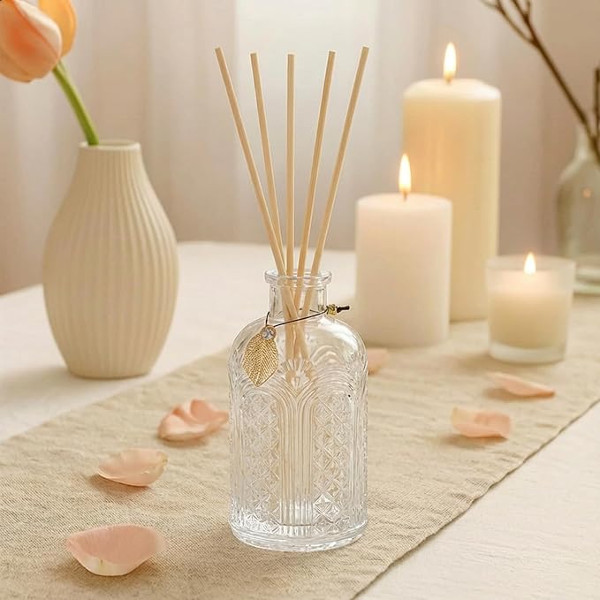 Glass Reed Diffusers Bottles for Home, Diffuser Bottles with 20PCS Reed Diffuser Sticks, Vintage Embossed Apothecary Style Flower Bud Vases with Cork Lids, Set of 3