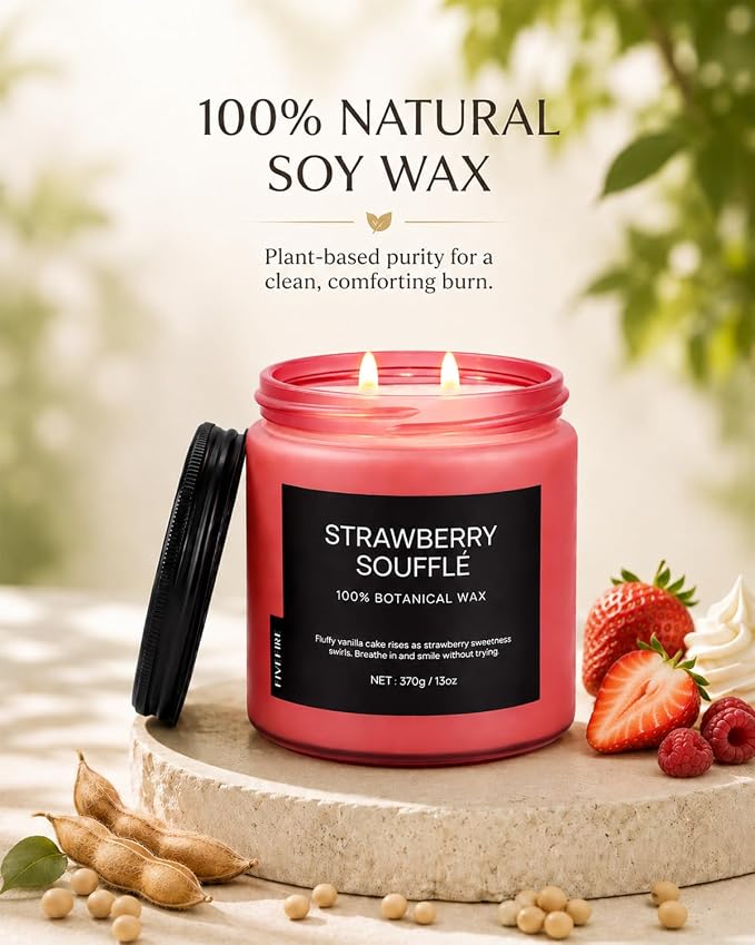 Strawberry Soufflé Home Scented Candles, 13oz Organic Soy Wax, 76-Hour Clean Burning, Natural Non-Toxic, Sweet & Fruity Gourmand Scent for Relaxation, Aromatherapy Housewarming Candle Men Women