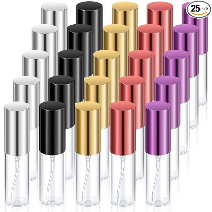 Yinder 25 Pcs 5ml Travel Spray Bottle Refillable Perfume Atomizer Bulk Glass Mini Cologne Perfume Bottles Empty Fine Mist Portable Small Sample Containers(Black, Red, Purple, Gold, Silver)
