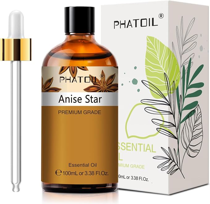 Anise Star 3.38fl.oz Essential Oil, PHATOIL Pure Aromatherapy Oils for Diffuser, Humidifier, Perfect for DIY Soap, Candle, Bath Bombs Making(100ml)