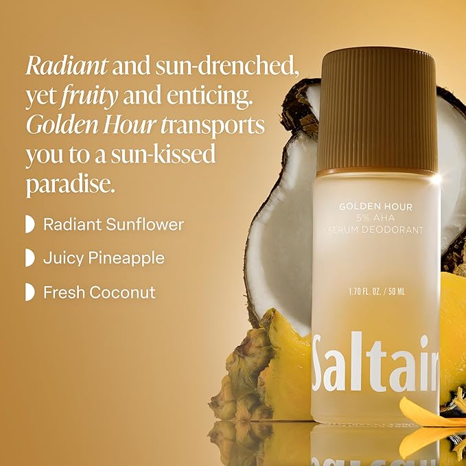 Saltair Serum Deodorant 2 Pack – 5% AHA – Aluminum-Free Odor Control for Women & Men – Mandelic Acid Deodorant with Lactic Acid – Golden Hour Scent – 2x 1.7oz Travel Roll On