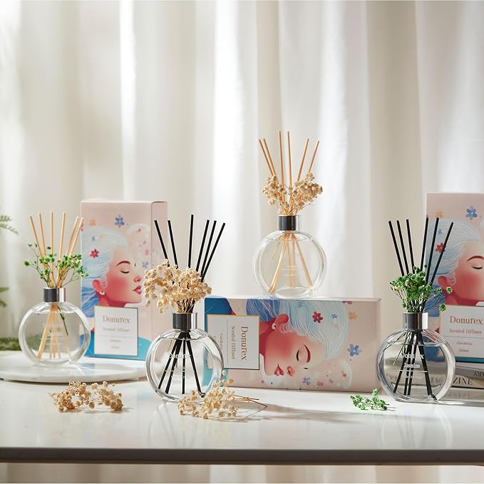 Flower Reed Diffuser Set 5.07oz Gardenia Scent Diffuser with Sticks Home Fragrance Reed Diffuser for Bathroom Shelf Decor