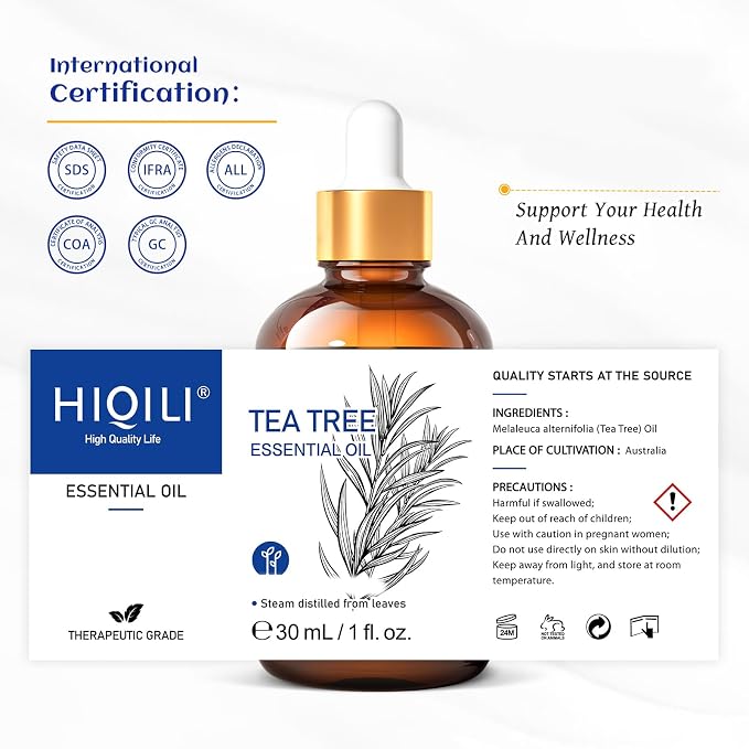 HIQILI Tea Tree Oil for Skin, Hair, Toenail, Add to Shampoo, Body Wash, Soap, Foot Soak - 1.01 Fl Oz