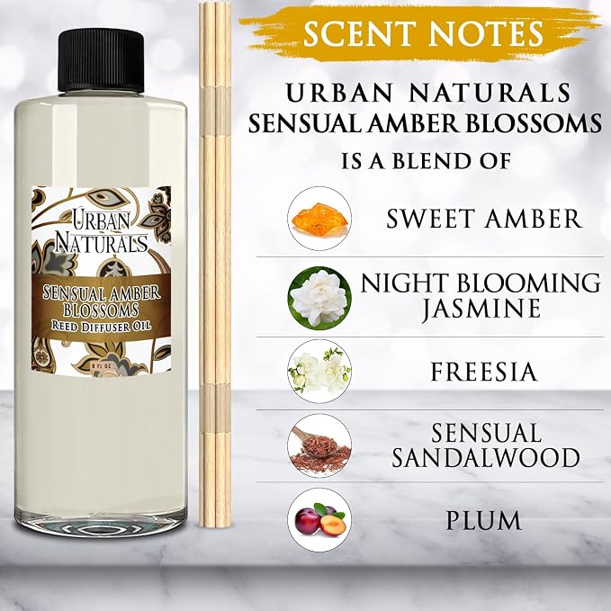 Urban Naturals Reed Diffuser Oil Refill Sensual Amber Blossoms with Jasmine, Freesia, Plum, Orange Blossom, Vanilla 8 oz + Free Reed Sticks, Made in the USA