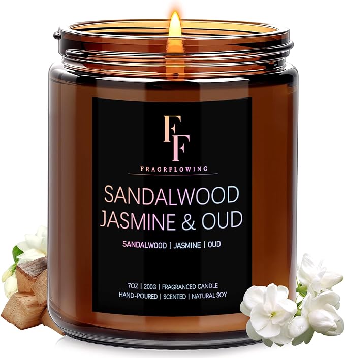 Sandalwood Jasmine Scented Candle for Home Soy Wax Candle, Aromatherapy Candle Gift for Women Men, 7oz