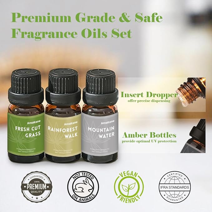 AmaKane Nature Fragrance Oil, Essential Oils for Diffuser, Soap Candle Making Scents, Fresh Cut Grass, Dewy Morning, Rainforest Walk, Sunlit Coast, Mountain Water, Wet Earth, 6x10 ml