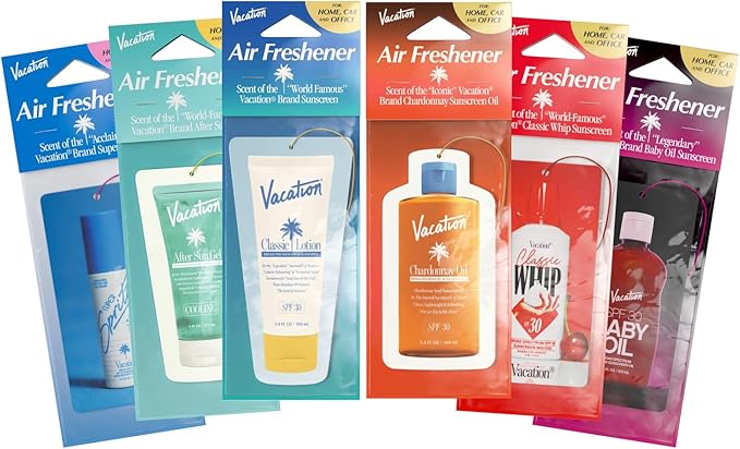 Vacation Car Air Freshener Variety Pack, 6 Scents, Pack of 6 - Hanging Air Freshener for Car, Home and Office - Classic Lotion, After Sun, Super Spritz, Baby Oil, Chardonnay and Whip Scents