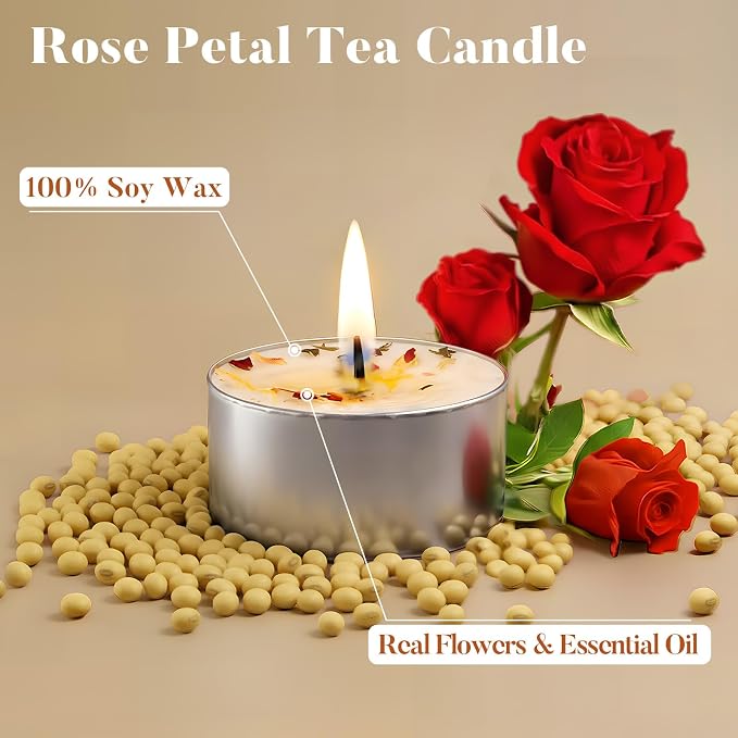 48 Pack Rose Scented Tealight Candles with Real Petals, Natural Soy Wax 6H Burn Time, Non-Toxic Smokeless Scented for Bath, Wedding, Decor
