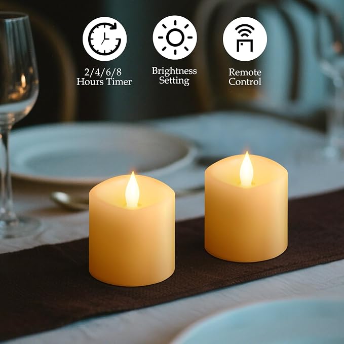 3x3 Flameless Candles with Remote & Timer - Battery Operated LED Pillar Candles, 600-Hour Long-Lasting, Flickering Effect for Valentine's Day, Indoor/Outdoor Decor (Ivory, 3x3 Inch, 2 Pack)