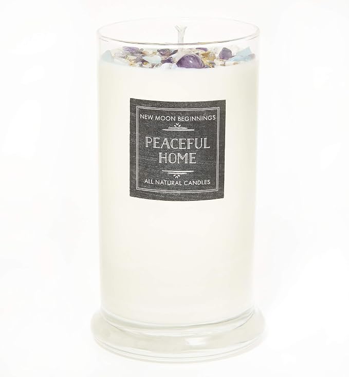 Peaceful Home® Candle by New Moon Beginnings - Stress Relief Candle - Energy clearing - All Natural Essential Oil Soy Candle - Crystal Candles (Peaceful Home, 21oz Glass Jar)