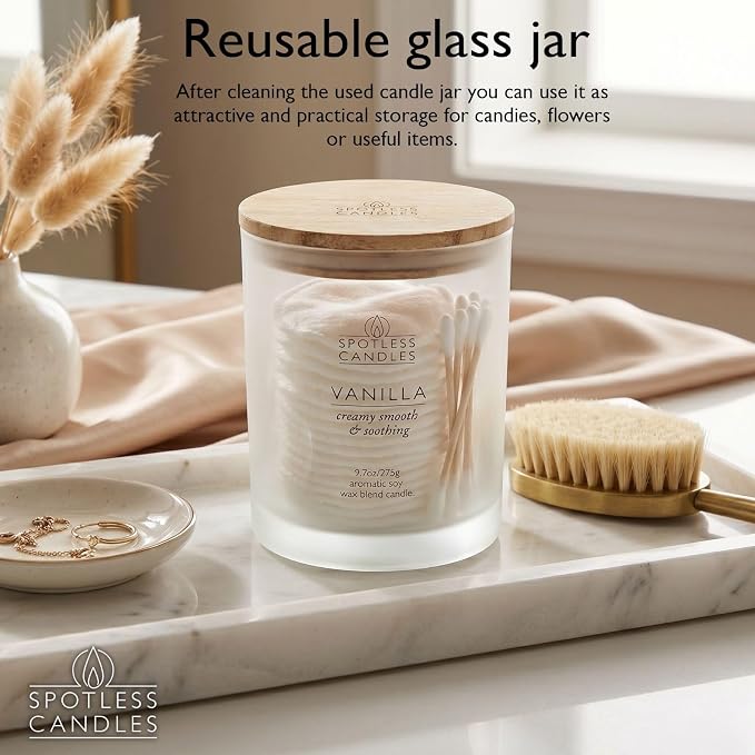 Vanilla Candle; 275g, 55 Hrs Burn Time, Soy Wax White Frosted Jar with Crackling Wooden Wick & Luxury Gift Box: Vanilla Scented Candle by Spotless Candles