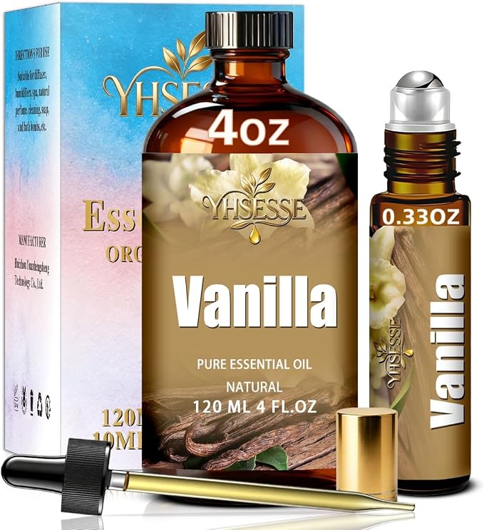 Vanilla Essential Oil, Vanilla Oil 4 Fl Oz 120ml for Diffuser Yoga Soap & Candle Making – with 0.33 Oz Roller Ball & Dropper YHSESSE Essential Oils