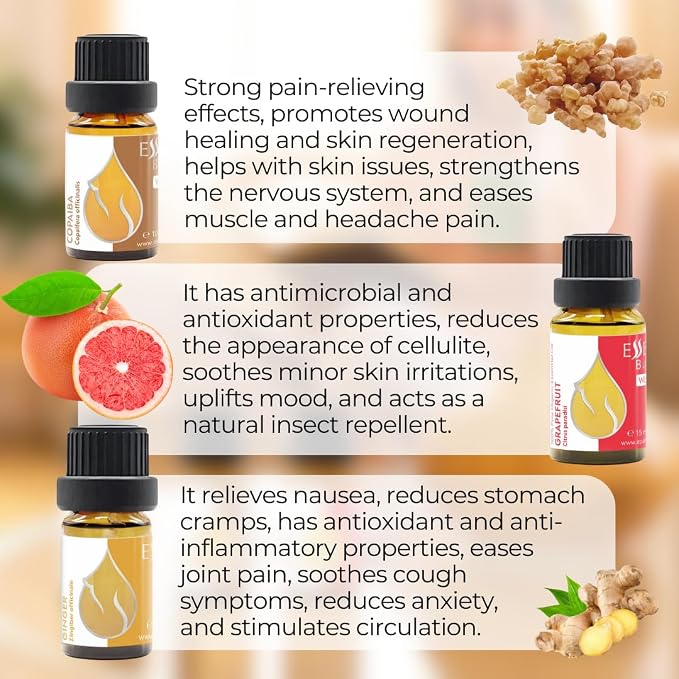 Set Fresh Harmony Organic Essential Oils |1 Fl Oz | Grapefruit (15ml) + Ginger (5ml) + Copaiba (10ml) | 100% Pure and Natural | Undiluted | Non-GMO | 3 pcs
