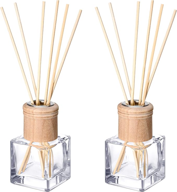 Roshtia 2 Set Reed Diffuser Bottle Empty Refillable Fragrance Glass Diffuser Bottles with Wooden Caps Rattan Sticks 50ml 1.7 oz Square Glass Jars for DIY Fragrance