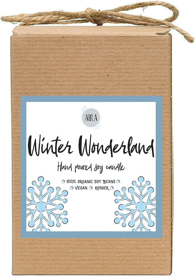 Aira Soy Candles - Organic, Kosher, Vegan, in Mason Jar w/Therapeutic Grade Essential Oil Blends - Hand-Poured 100% Soy Candle Wax - Paraffin Free, Burns 110+ Hours - Winter Wonderland - 16 Ounces