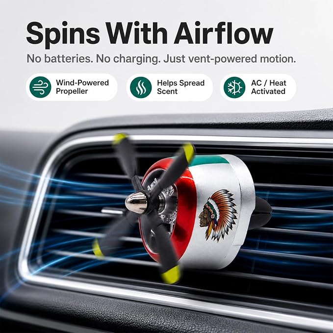 Airplane Propeller Car Vent Air Freshener 2 Pack with 2 Refill Pads, P-47 Inspired Vent Clip Diffusers, Vintage Aviation Car Accessories for Men(P47-CHIEF-SLV-2SET)